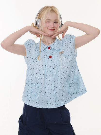 Polka Dot Retro Doll Collar Short Sleeve Shirt Light Blue【s0000016159】