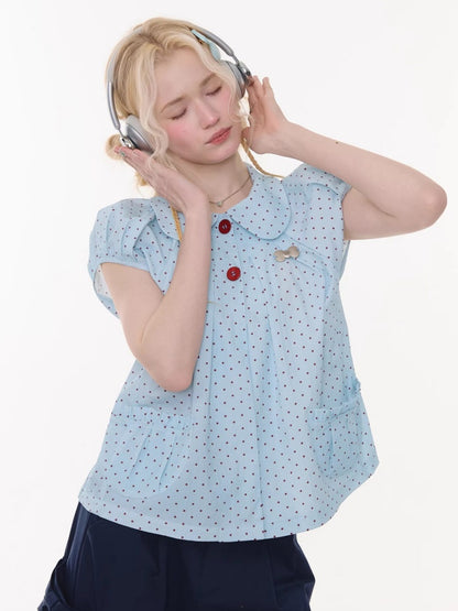 Polka Dot Retro Doll Collar Short Sleeve Shirt Light Blue【s0000016159】