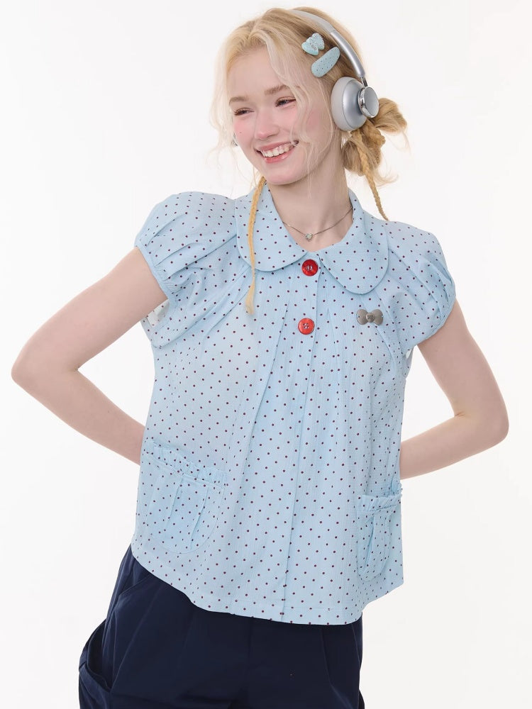 Polka Dot Retro Doll Collar Short Sleeve Shirt Light Blue【s0000016159】