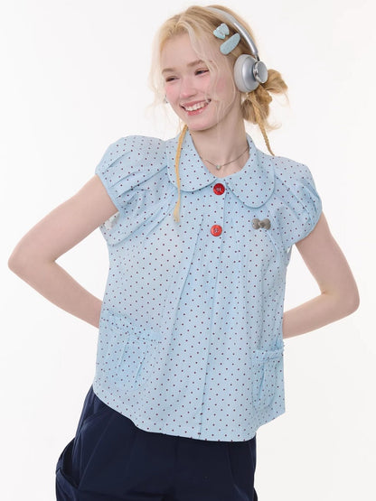 Polka Dot Retro Doll Collar Short Sleeve Shirt Light Blue【s0000016159】