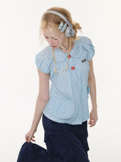Polka Dot Retro Doll Collar Short Sleeve Shirt Light Blue【s0000016159】
