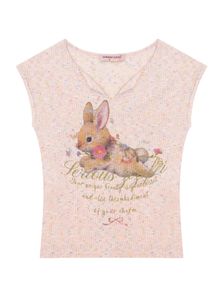 Rabbit Print V-Neck Slim Short Sleeve T-Shirt Pink【s0000016160】