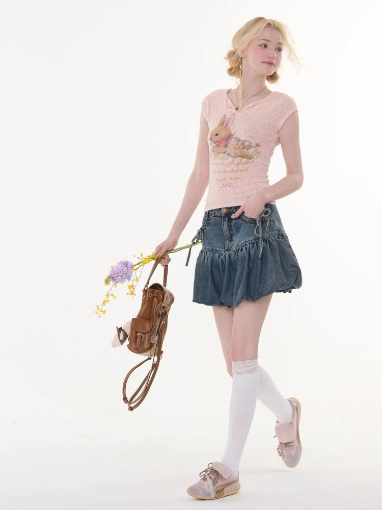 Rabbit Print V-Neck Slim Short Sleeve T-Shirt Pink【s0000016160】