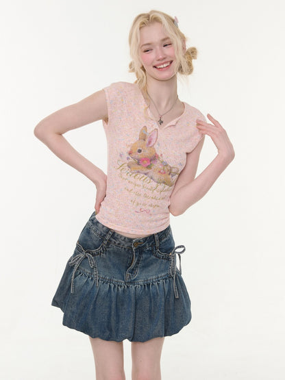 Rabbit Print V-Neck Slim Short Sleeve T-Shirt Pink【s0000016160】
