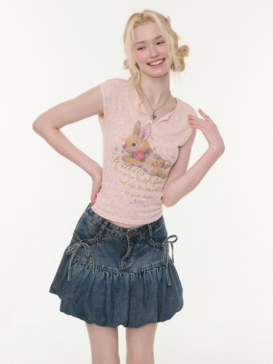 Rabbit Print V-Neck Slim Short Sleeve T-Shirt Pink【s0000016160】
