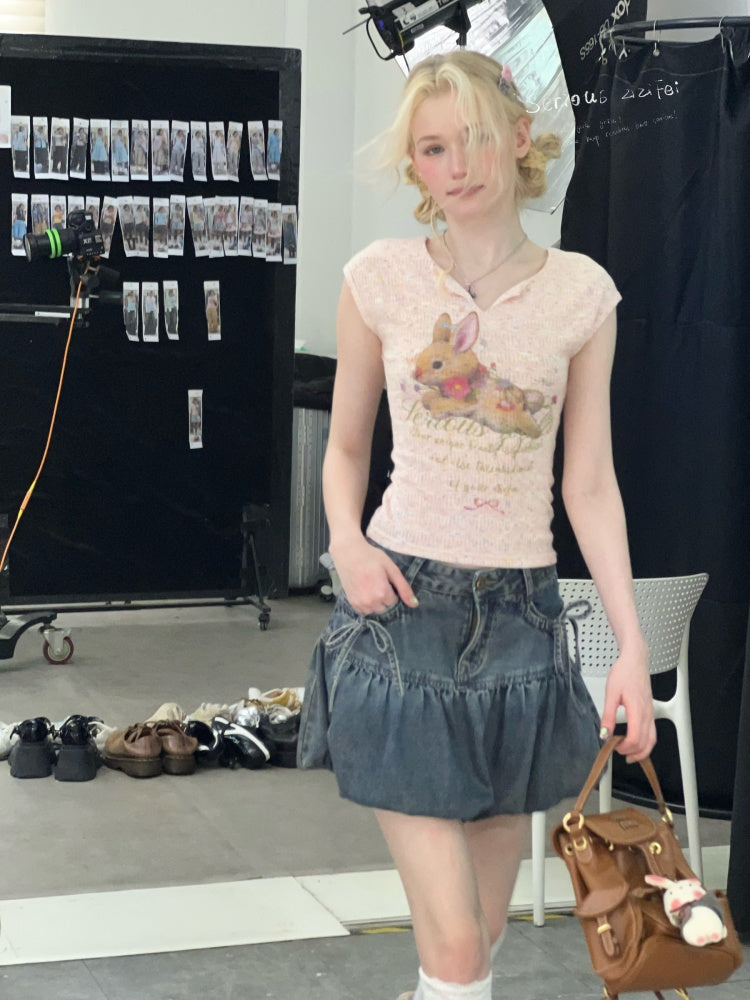 Rabbit Print V-Neck Slim Short Sleeve T-Shirt Pink【s0000016160】