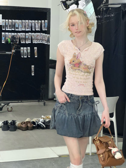 Rabbit Print V-Neck Slim Short Sleeve T-Shirt Pink【s0000016160】