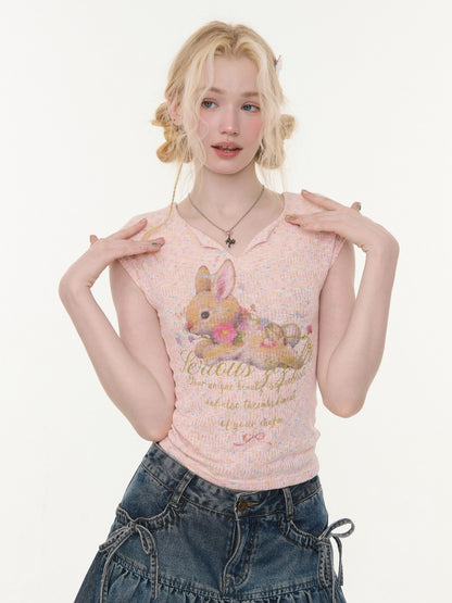Rabbit Print V-Neck Slim Short Sleeve T-Shirt Pink【s0000016160】