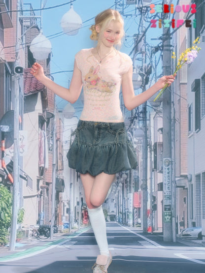 Rabbit Print V-Neck Slim Short Sleeve T-Shirt Pink【s0000016160】