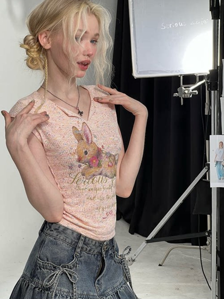 Rabbit Print V-Neck Slim Short Sleeve T-Shirt Pink【s0000016160】
