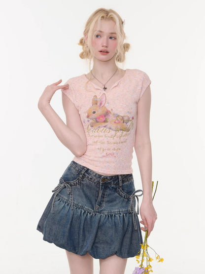 Rabbit Print V-Neck Slim Short Sleeve T-Shirt Pink【s0000016160】