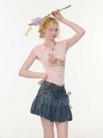 Rabbit Print V-Neck Slim Short Sleeve T-Shirt Pink【s0000016160】