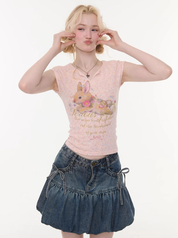 Rabbit Print V-Neck Slim Short Sleeve T-Shirt Pink【s0000016160】