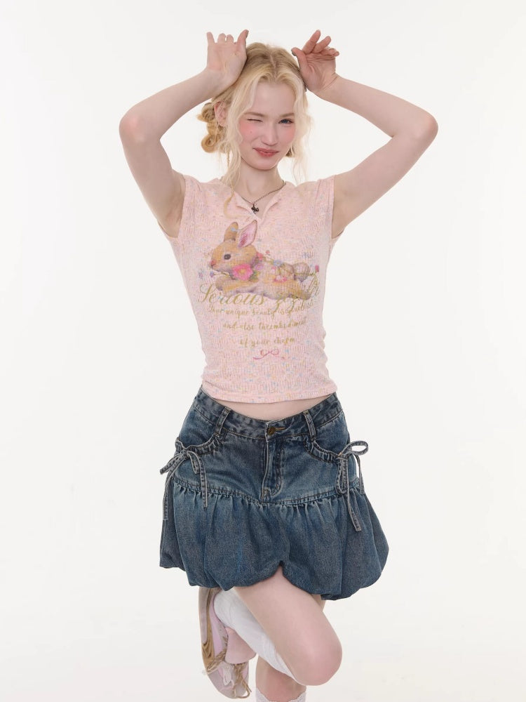 Rabbit Print V-Neck Slim Short Sleeve T-Shirt Pink【s0000016160】