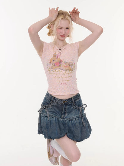 Rabbit Print V-Neck Slim Short Sleeve T-Shirt Pink【s0000016160】