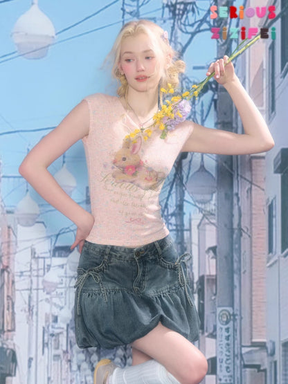 Rabbit Print V-Neck Slim Short Sleeve T-Shirt Pink【s0000016160】