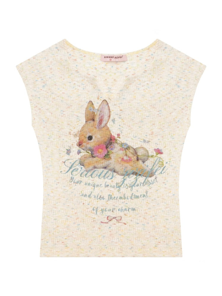 Rabbit Print V-Neck Slim Short Sleeve T-Shirt Apricot【s0000016161】