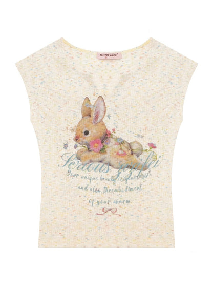 Rabbit Print V-Neck Slim Short Sleeve T-Shirt Apricot【s0000016161】