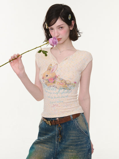 Rabbit Print V-Neck Slim Short Sleeve T-Shirt Apricot【s0000016161】