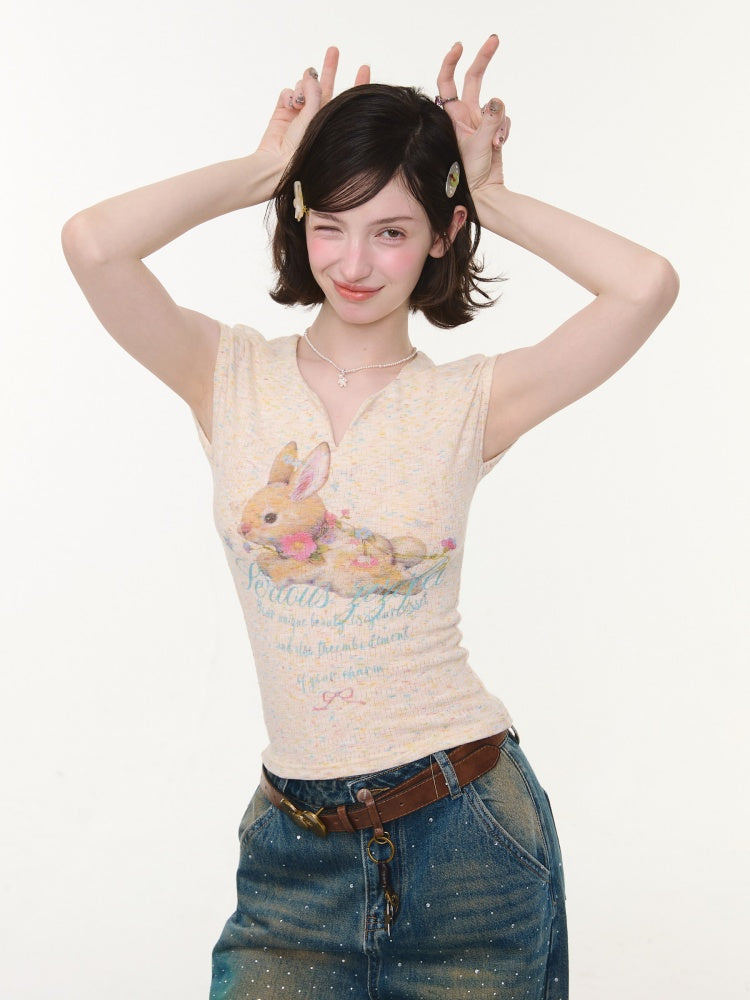 Rabbit Print V-Neck Slim Short Sleeve T-Shirt Apricot【s0000016161】