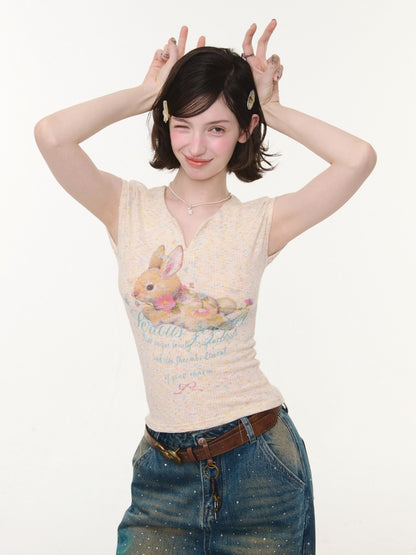 Rabbit Print V-Neck Slim Short Sleeve T-Shirt Apricot【s0000016161】