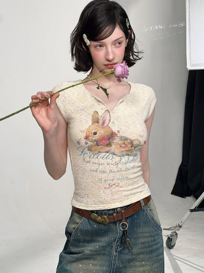Rabbit Print V-Neck Slim Short Sleeve T-Shirt Apricot【s0000016161】