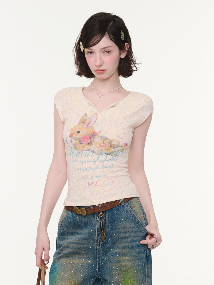 Rabbit Print V-Neck Slim Short Sleeve T-Shirt Apricot【s0000016161】