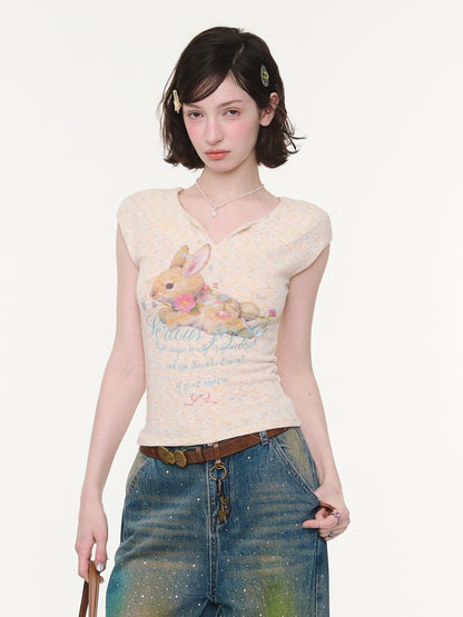 Rabbit Print V-Neck Slim Short Sleeve T-Shirt Apricot【s0000016161】