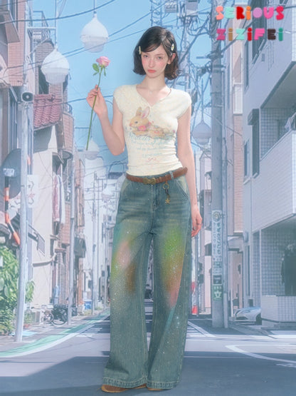 Rabbit Print V-Neck Slim Short Sleeve T-Shirt Apricot【s0000016161】