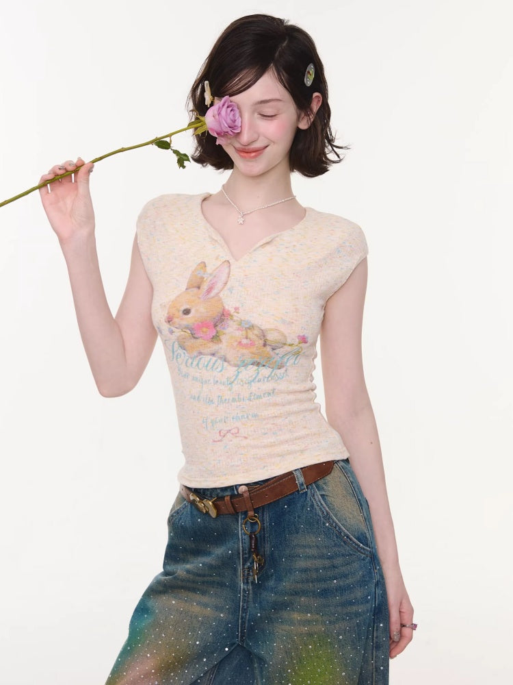 Rabbit Print V-Neck Slim Short Sleeve T-Shirt Apricot【s0000016161】