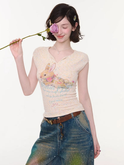 Rabbit Print V-Neck Slim Short Sleeve T-Shirt Apricot【s0000016161】