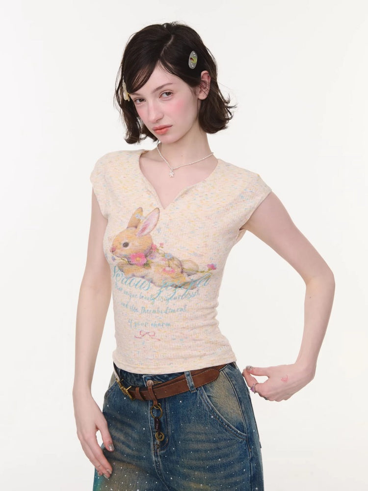 Rabbit Print V-Neck Slim Short Sleeve T-Shirt Apricot【s0000016161】