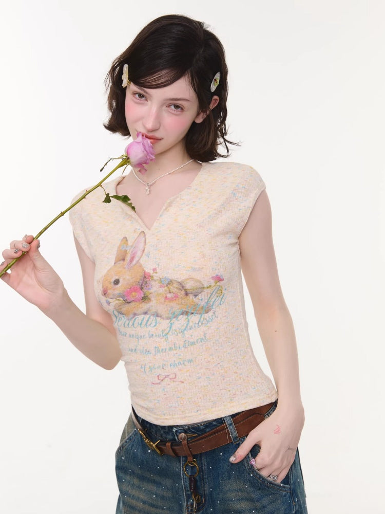 Rabbit Print V-Neck Slim Short Sleeve T-Shirt Apricot【s0000016161】