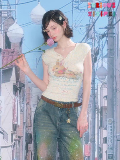 Rabbit Print V-Neck Slim Short Sleeve T-Shirt Apricot【s0000016161】