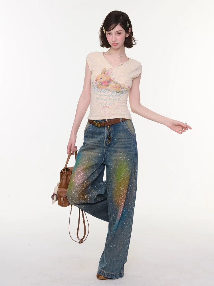 Rabbit Print V-Neck Slim Short Sleeve T-Shirt Apricot【s0000016161】