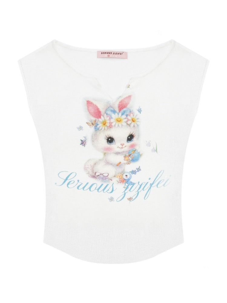 Rabbit Print V-Neck Slim Short Sleeve T-Shirt White【s0000016162】