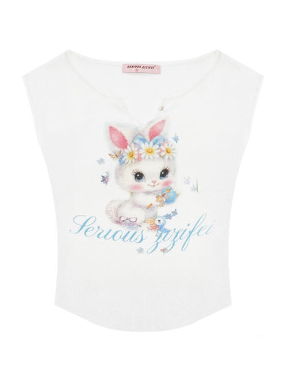 Rabbit Print V-Neck Slim Short Sleeve T-Shirt White【s0000016162】