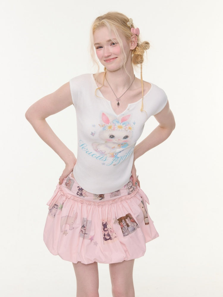 Rabbit Print V-Neck Slim Short Sleeve T-Shirt White【s0000016162】