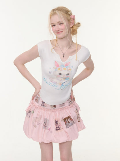 Rabbit Print V-Neck Slim Short Sleeve T-Shirt White【s0000016162】