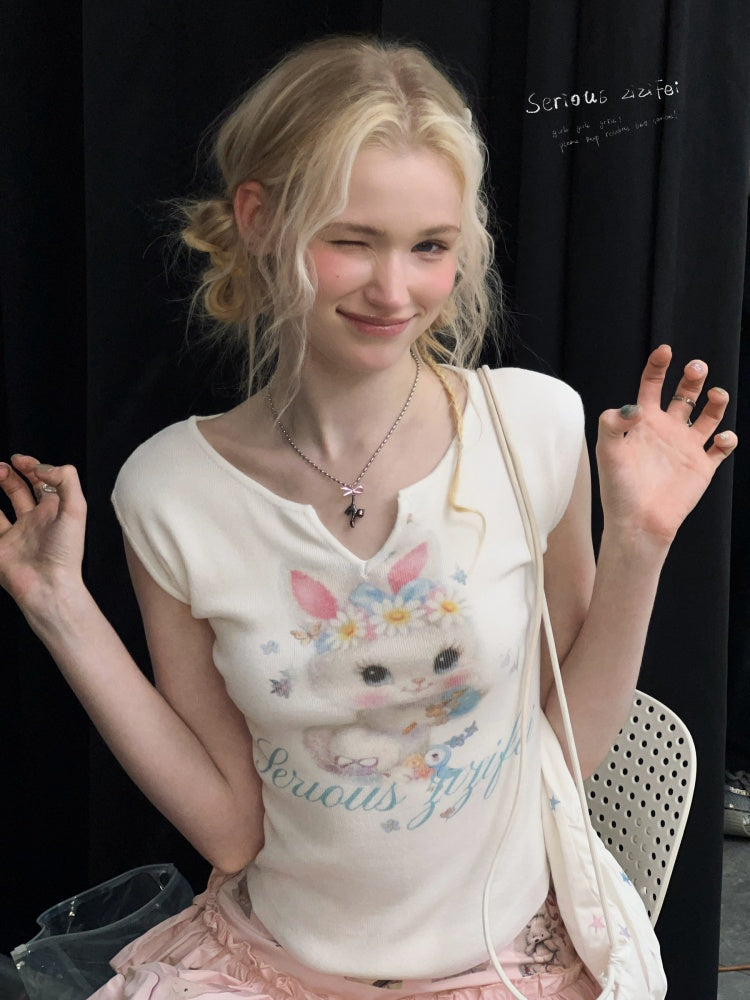 Rabbit Print V-Neck Slim Short Sleeve T-Shirt White【s0000016162】