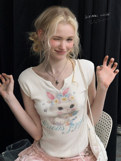 Rabbit Print V-Neck Slim Short Sleeve T-Shirt White【s0000016162】