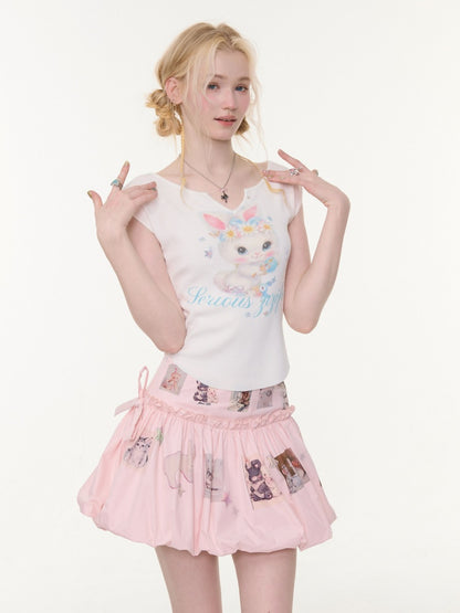 Rabbit Print V-Neck Slim Short Sleeve T-Shirt White【s0000016162】