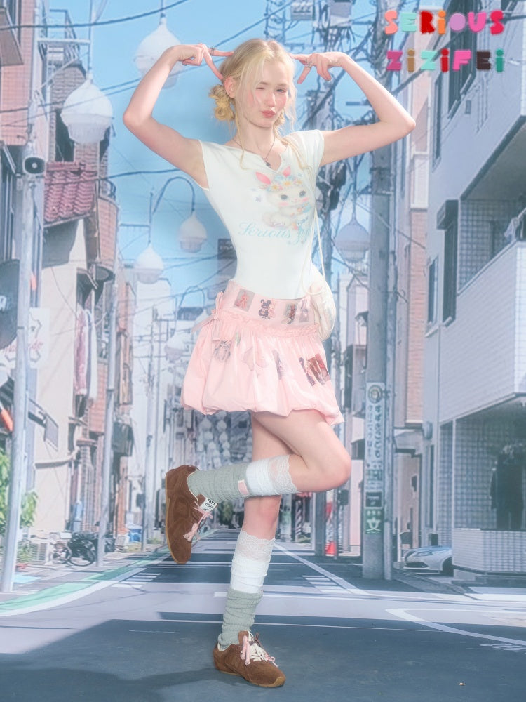 Rabbit Print V-Neck Slim Short Sleeve T-Shirt White【s0000016162】