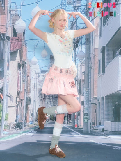 Rabbit Print V-Neck Slim Short Sleeve T-Shirt White【s0000016162】