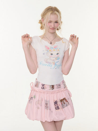 Rabbit Print V-Neck Slim Short Sleeve T-Shirt White【s0000016162】