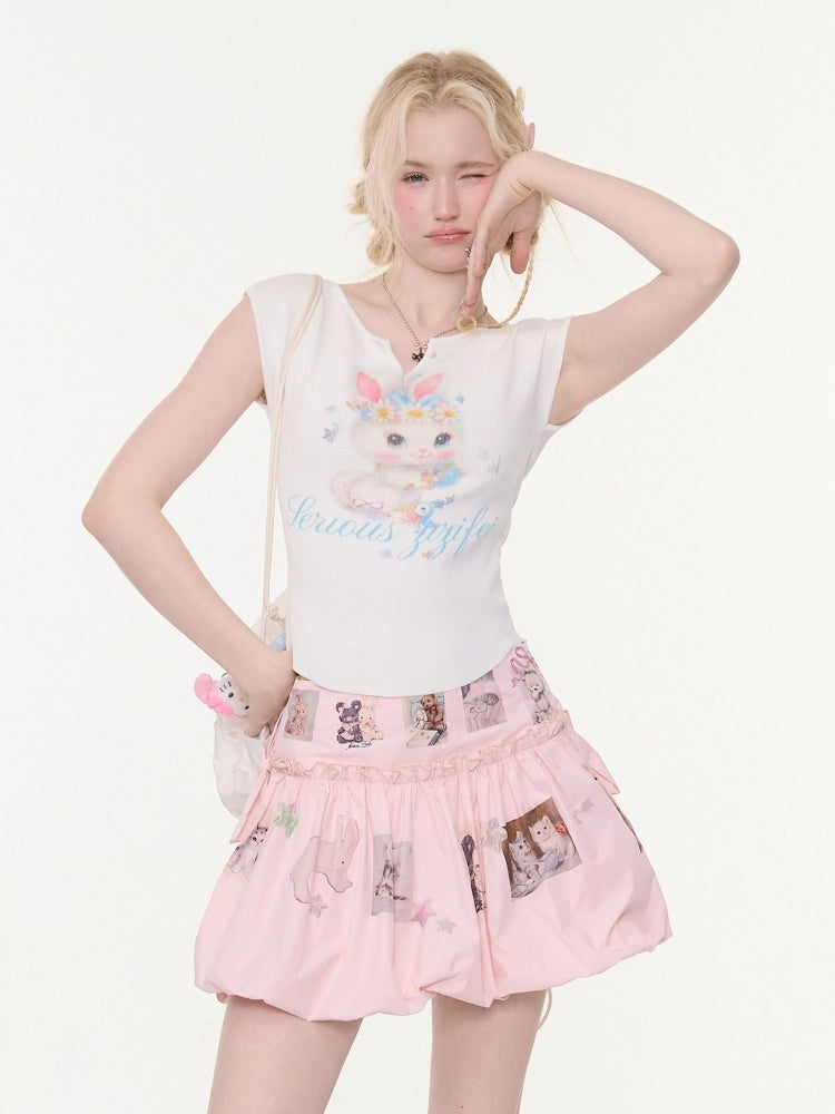 Rabbit Print V-Neck Slim Short Sleeve T-Shirt White【s0000016162】