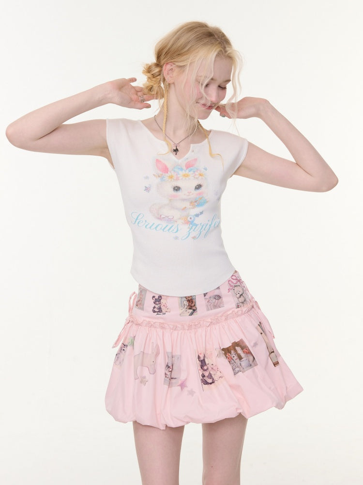 Rabbit Print V-Neck Slim Short Sleeve T-Shirt White【s0000016162】
