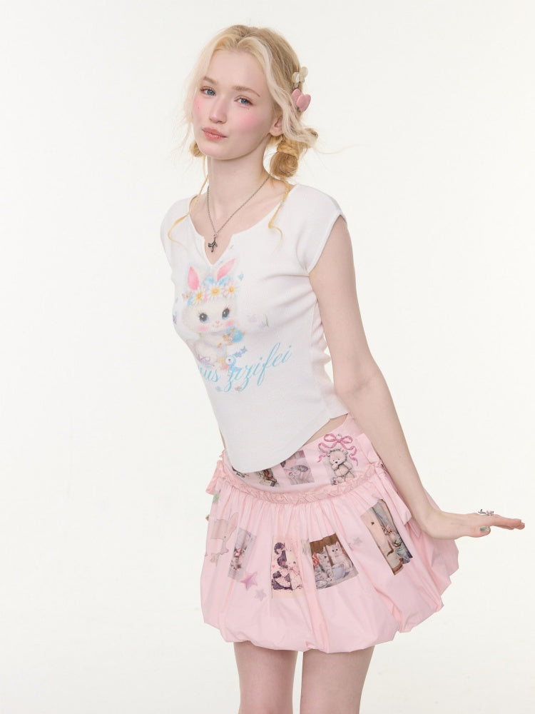 Rabbit Print V-Neck Slim Short Sleeve T-Shirt White【s0000016162】