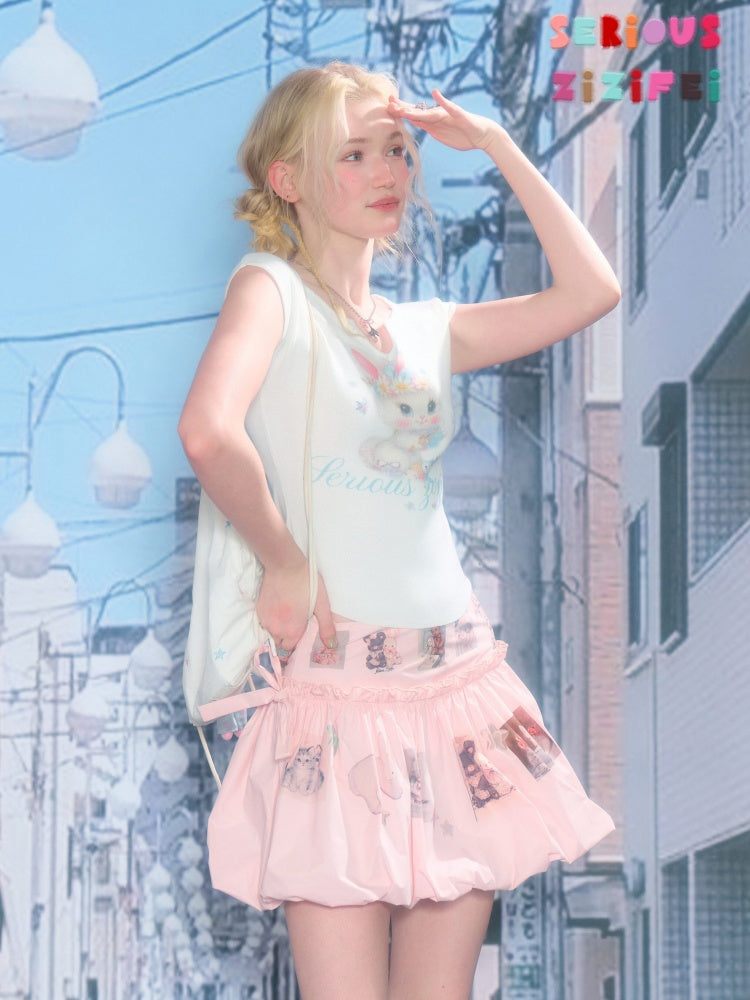 Rabbit Print V-Neck Slim Short Sleeve T-Shirt White【s0000016162】