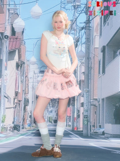 Rabbit Print V-Neck Slim Short Sleeve T-Shirt White【s0000016162】